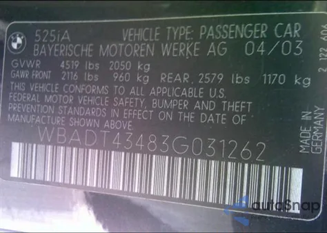 2003 BMW 525I Automatic z USA, uszkodzony, nr VIN WBADT43483G031262